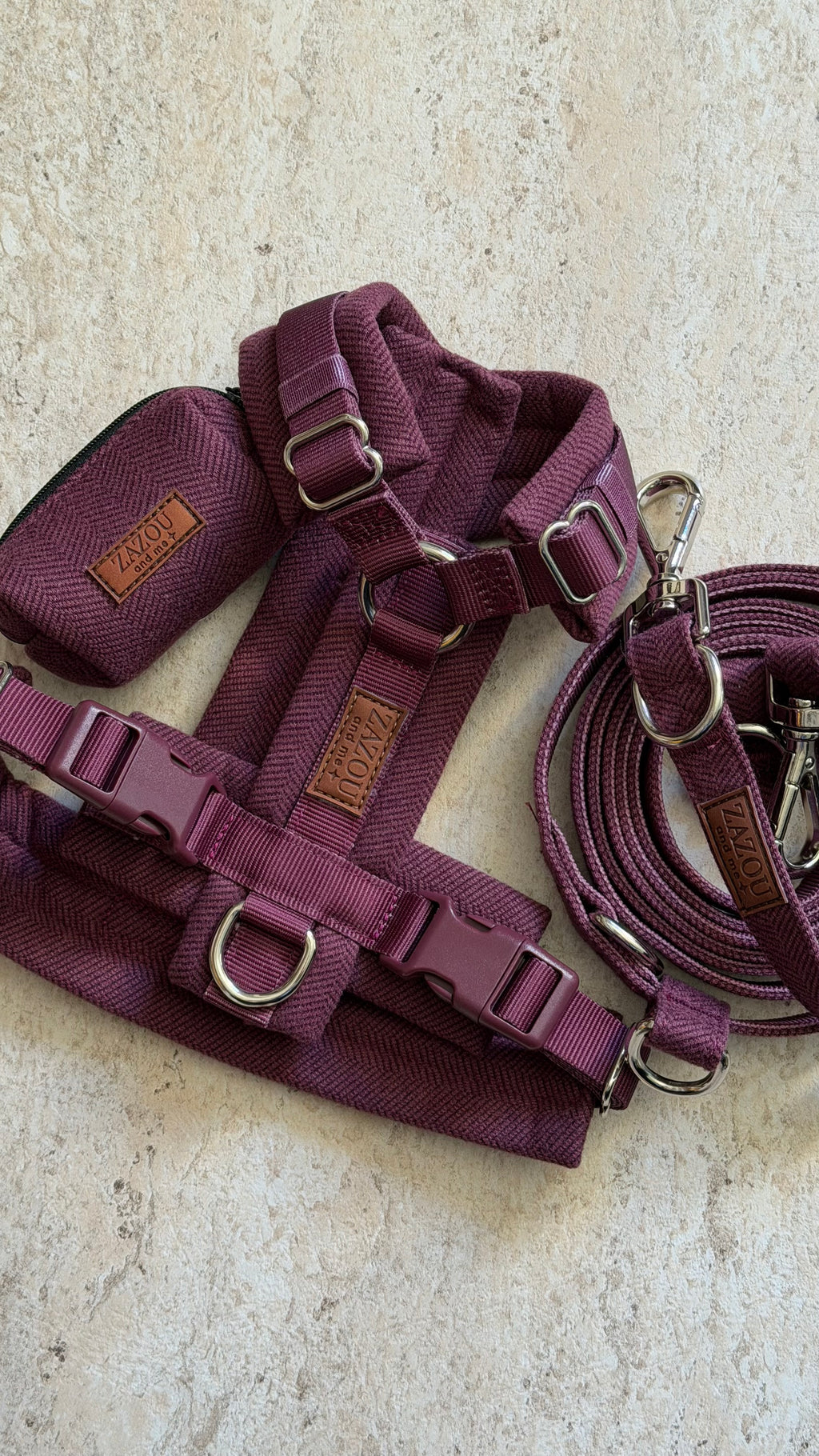 Harnais tweed chevron bordeaux